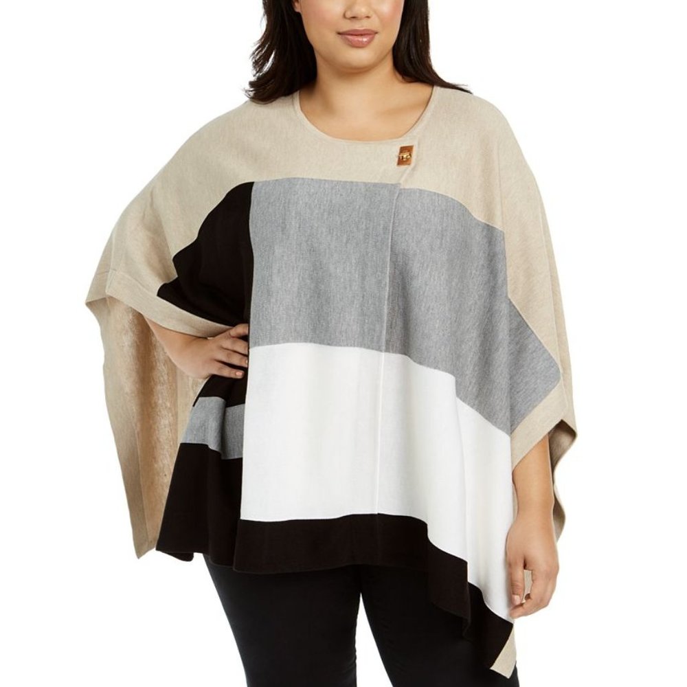 Calvin Klein Heather Latte/Black Color-blocked 3/4 Length Sleeve Poncho Sweater